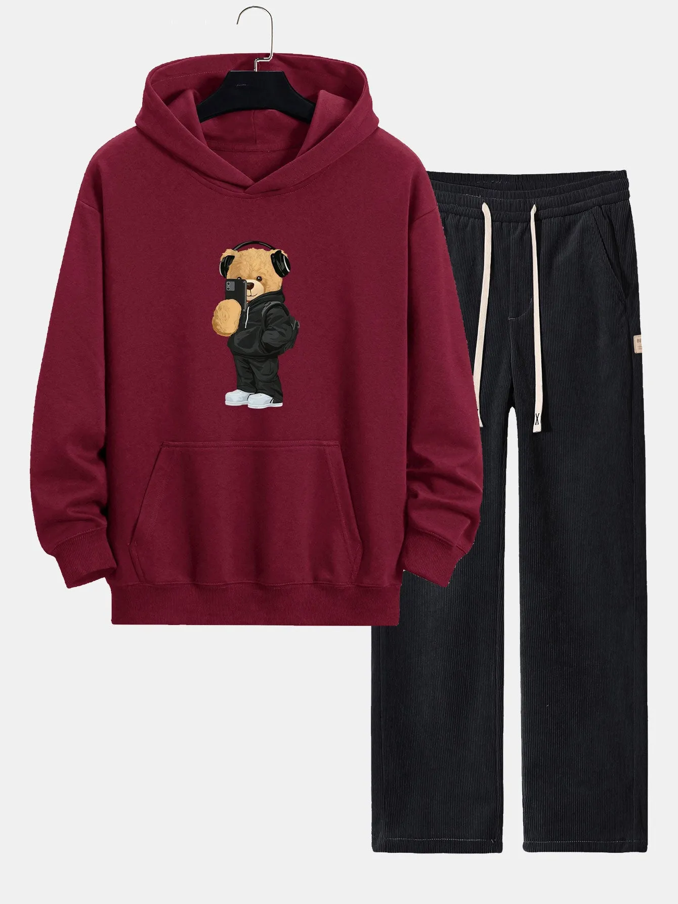 Fashion Bear Taking Photo Print Relax Fit Hoodie & Straight Leg Corduroy Pants