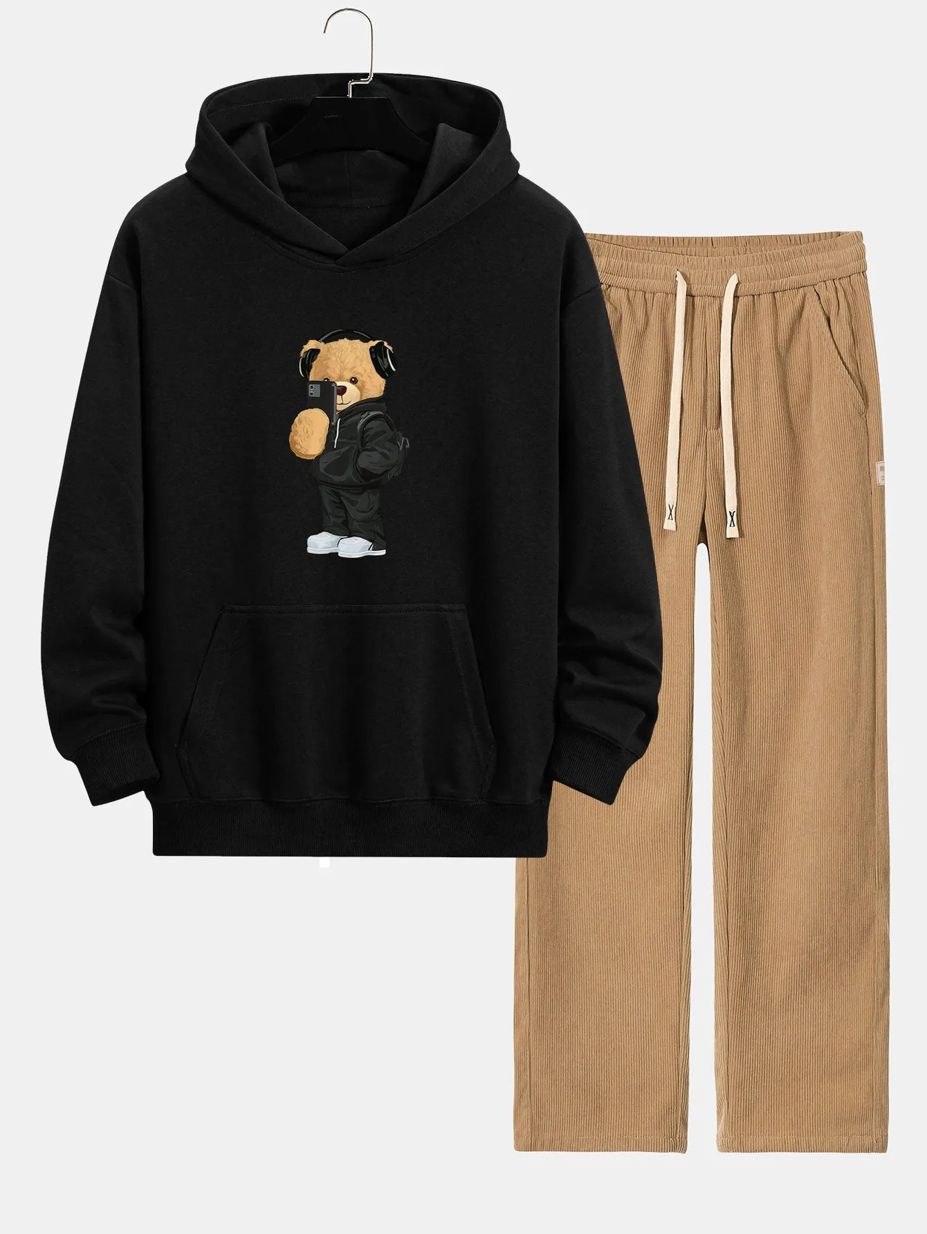 Fashion Bear Taking Photo Print Relax Fit Hoodie & Straight Leg Corduroy Pants