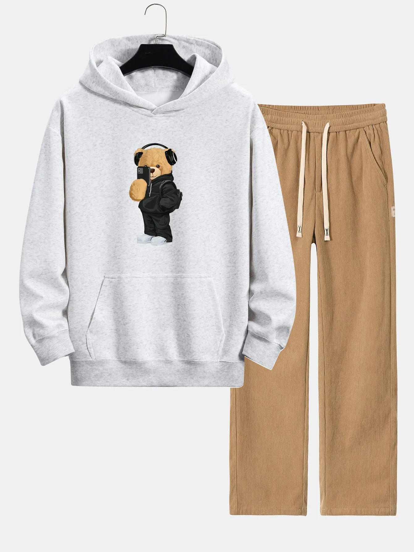 Fashion Bear Taking Photo Print Relax Fit Hoodie & Straight Leg Corduroy Pants