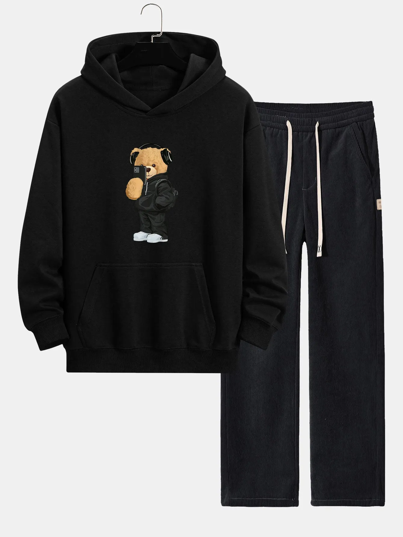 Fashion Bear Taking Photo Print Relax Fit Hoodie & Straight Leg Corduroy Pants