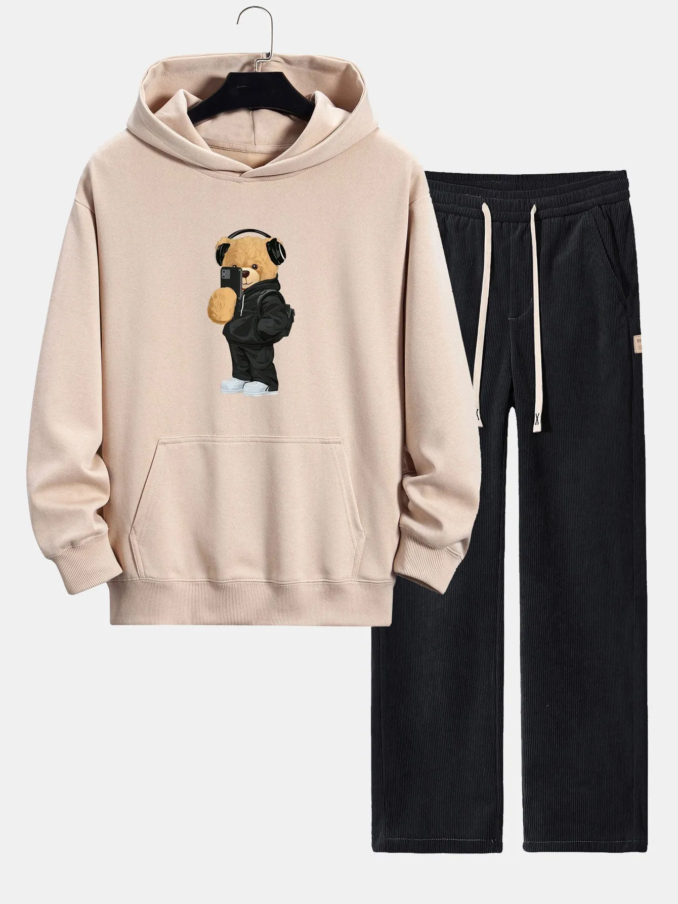 Fashion Bear Taking Photo Print Relax Fit Hoodie & Straight Leg Corduroy Pants