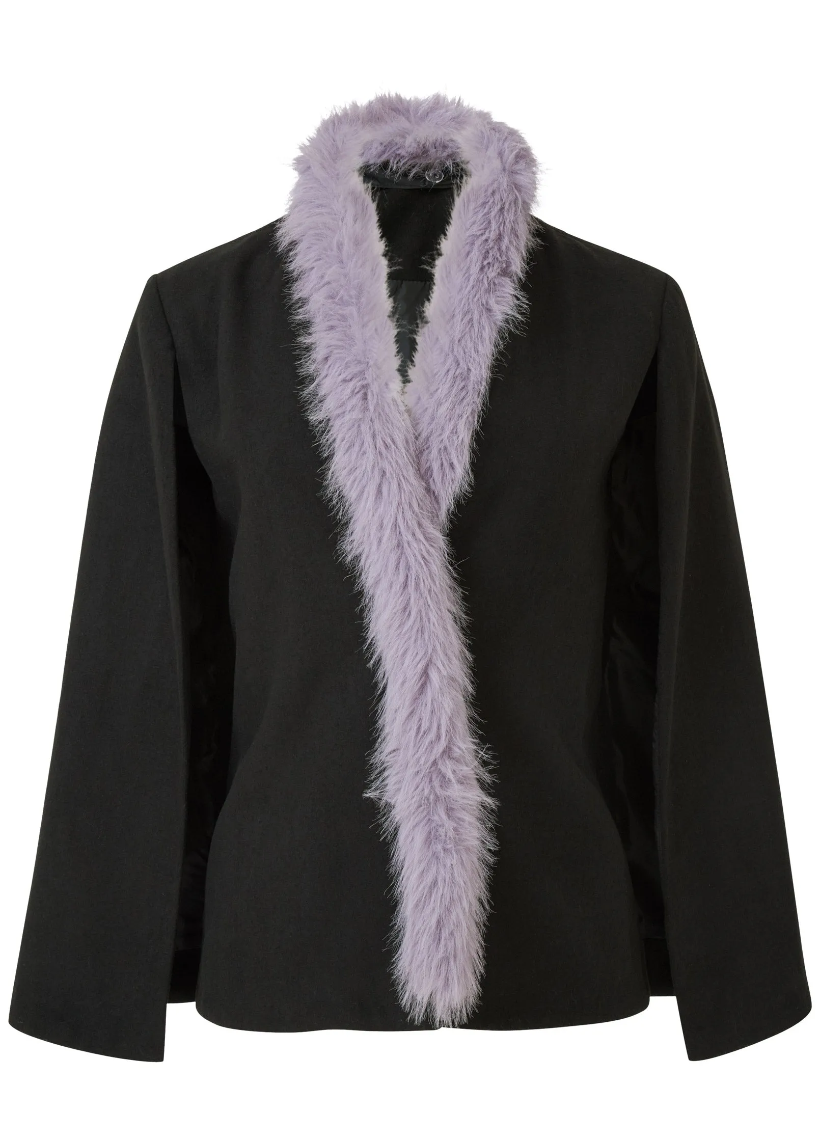 Faux Fur Trim Cape Jacket - Black