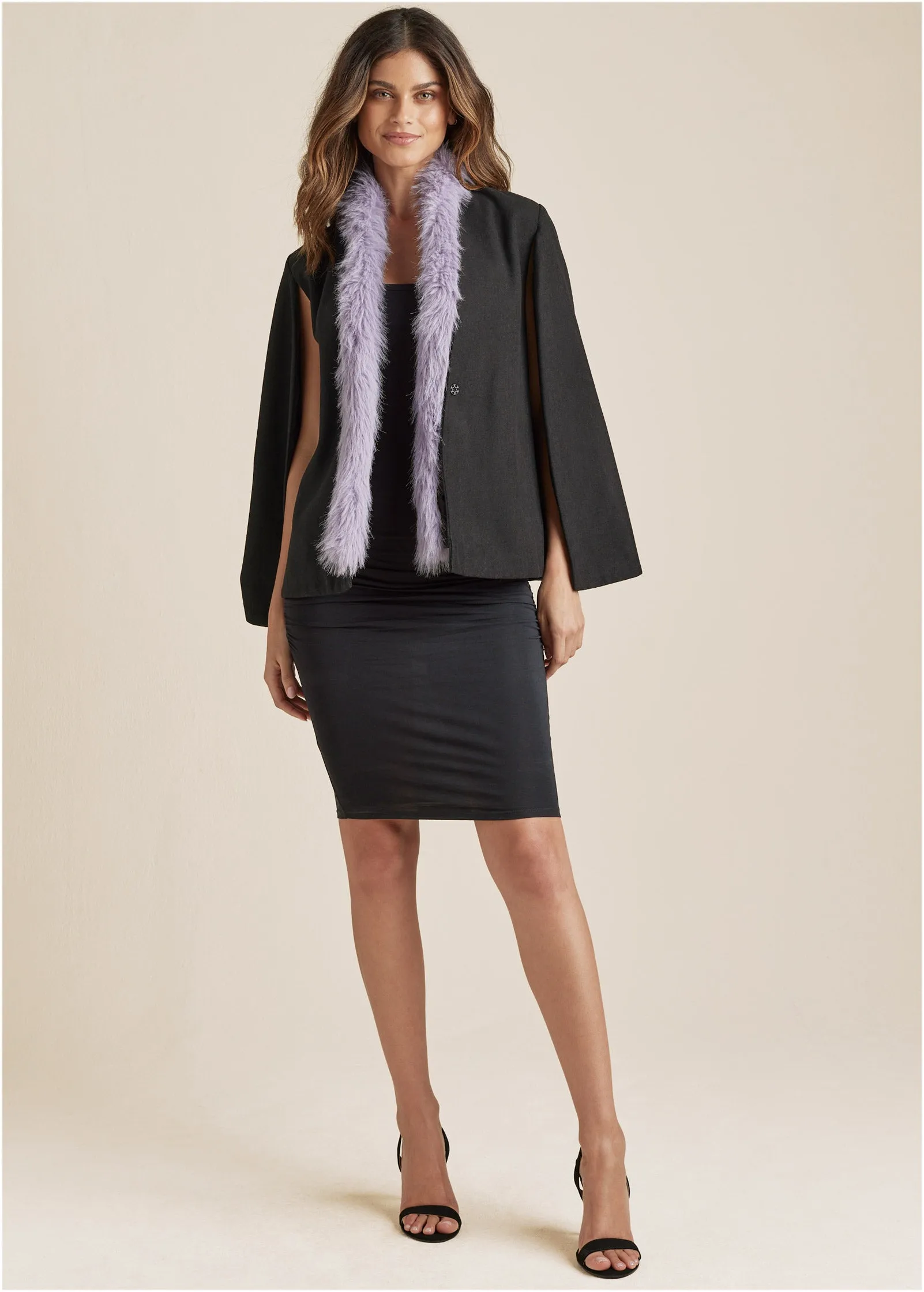 Faux Fur Trim Cape Jacket - Black