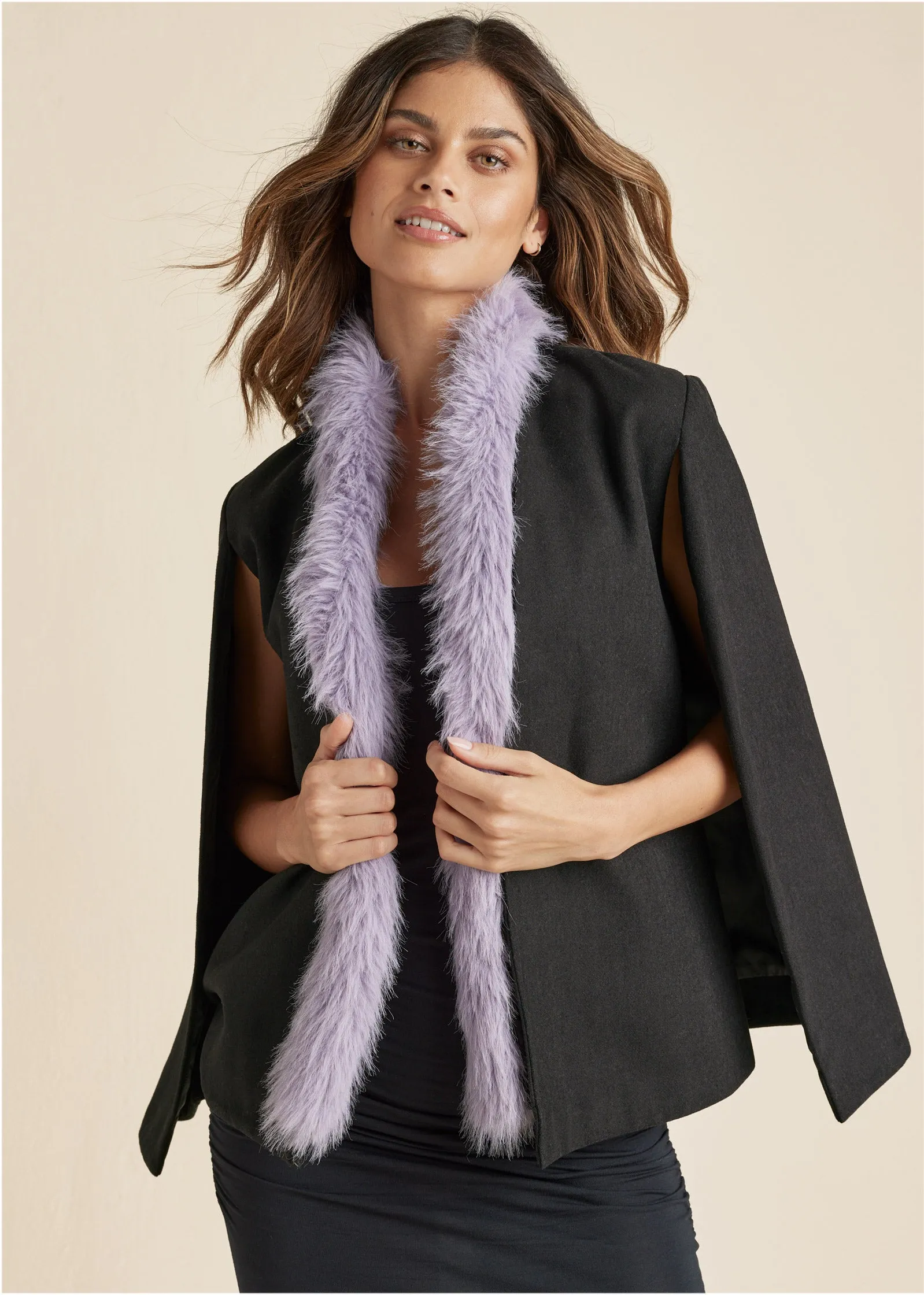 Faux Fur Trim Cape Jacket - Black