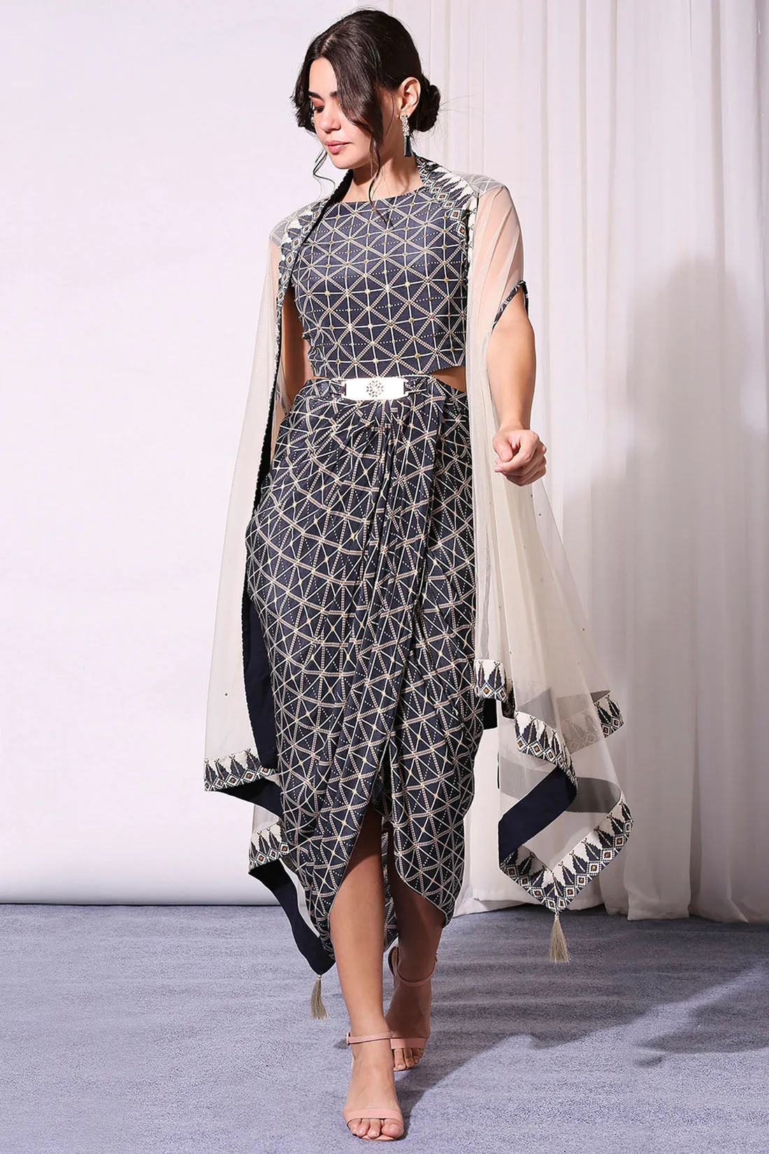 Geometrical Printed Drape Dress And Cape