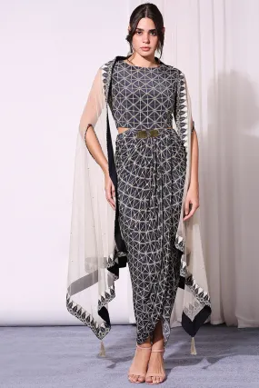 Geometrical Printed Drape Dress And Cape