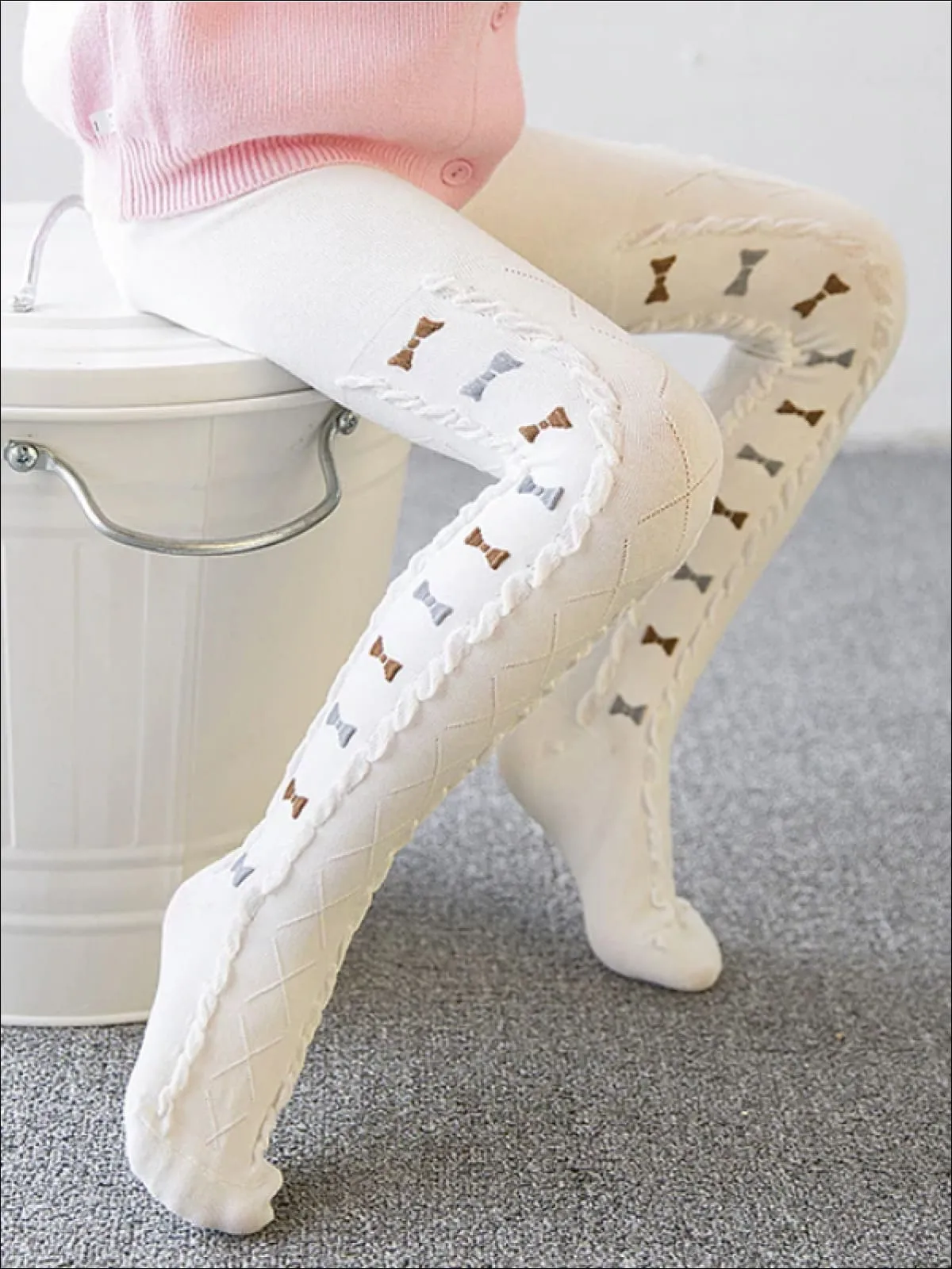 Girls Embroidered Knit Bow Tie Tights