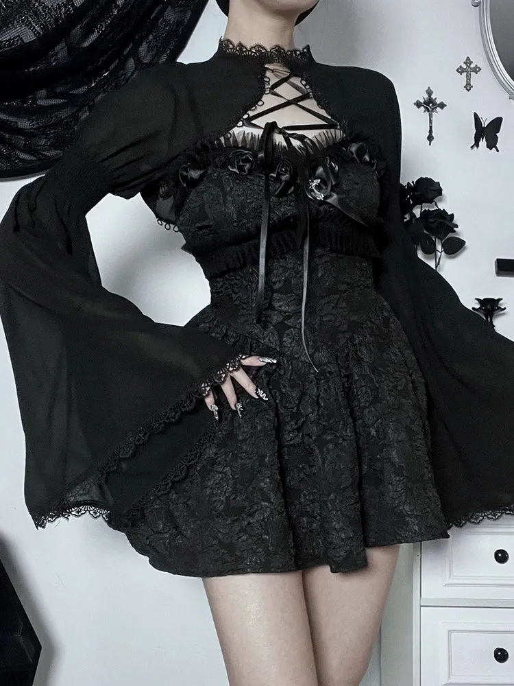 Gothic Lace Lolita Small Shawl Top Sleeves Black Coat - Lolita Overcoat