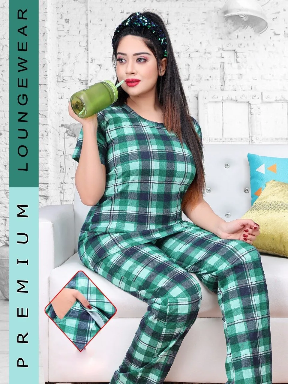 Green Checked Night suit for ladies with long Top and Pockets