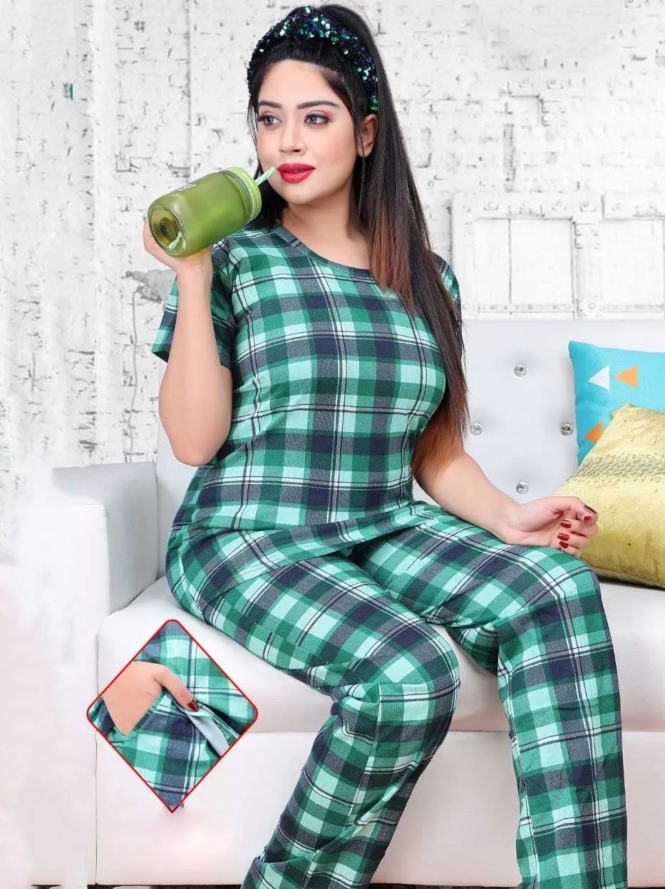 Green Checked Night suit for ladies with long Top and Pockets