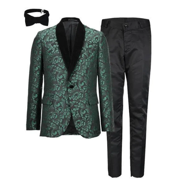 GREEN DAMASK 3 PIECE SUIT WITH BOW-TIE