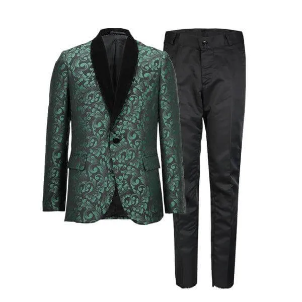 GREEN DAMASK 3 PIECE SUIT WITH BOW-TIE