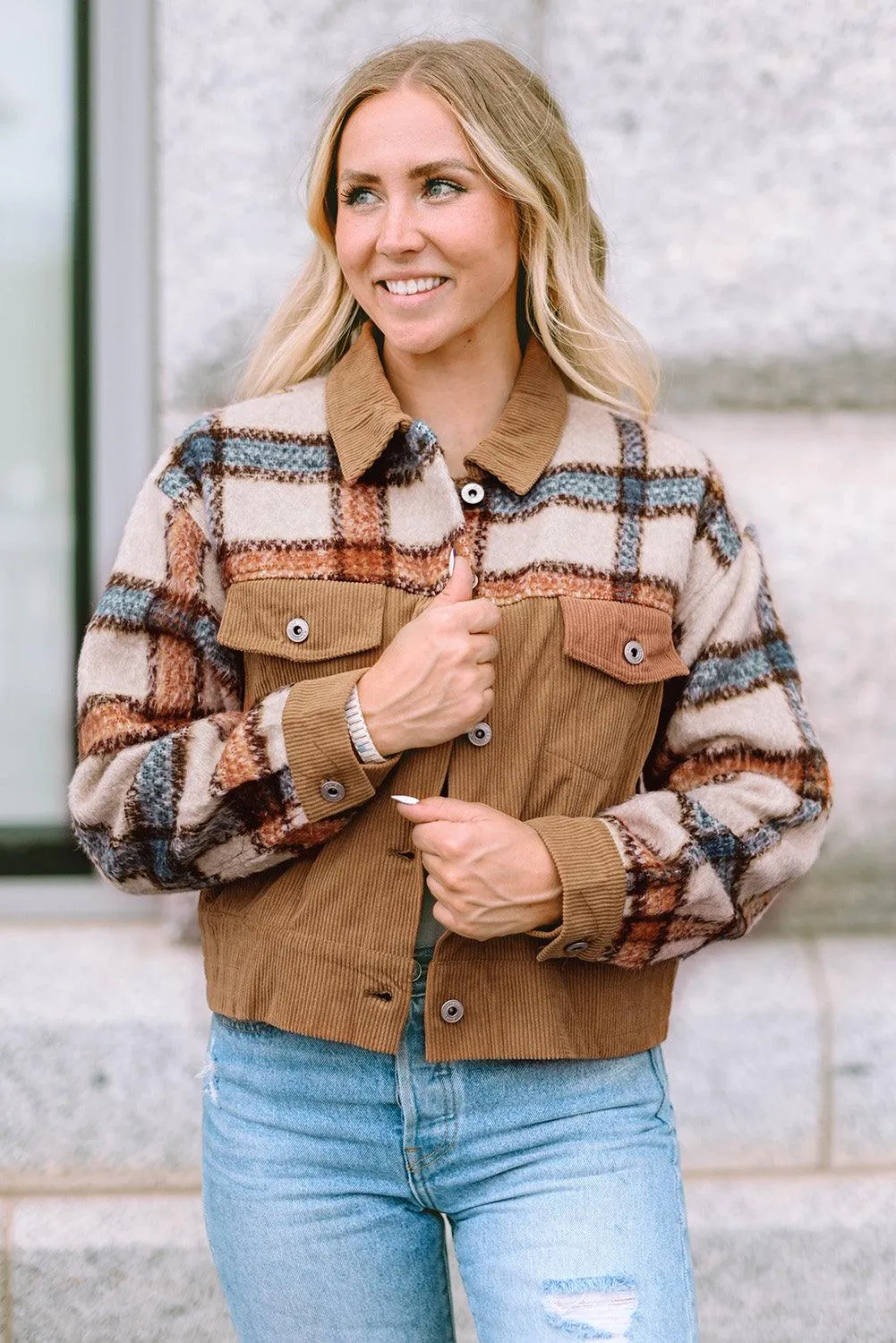 Green Plaid Corduroy Flap Pockets Boxy Chunky Jacket