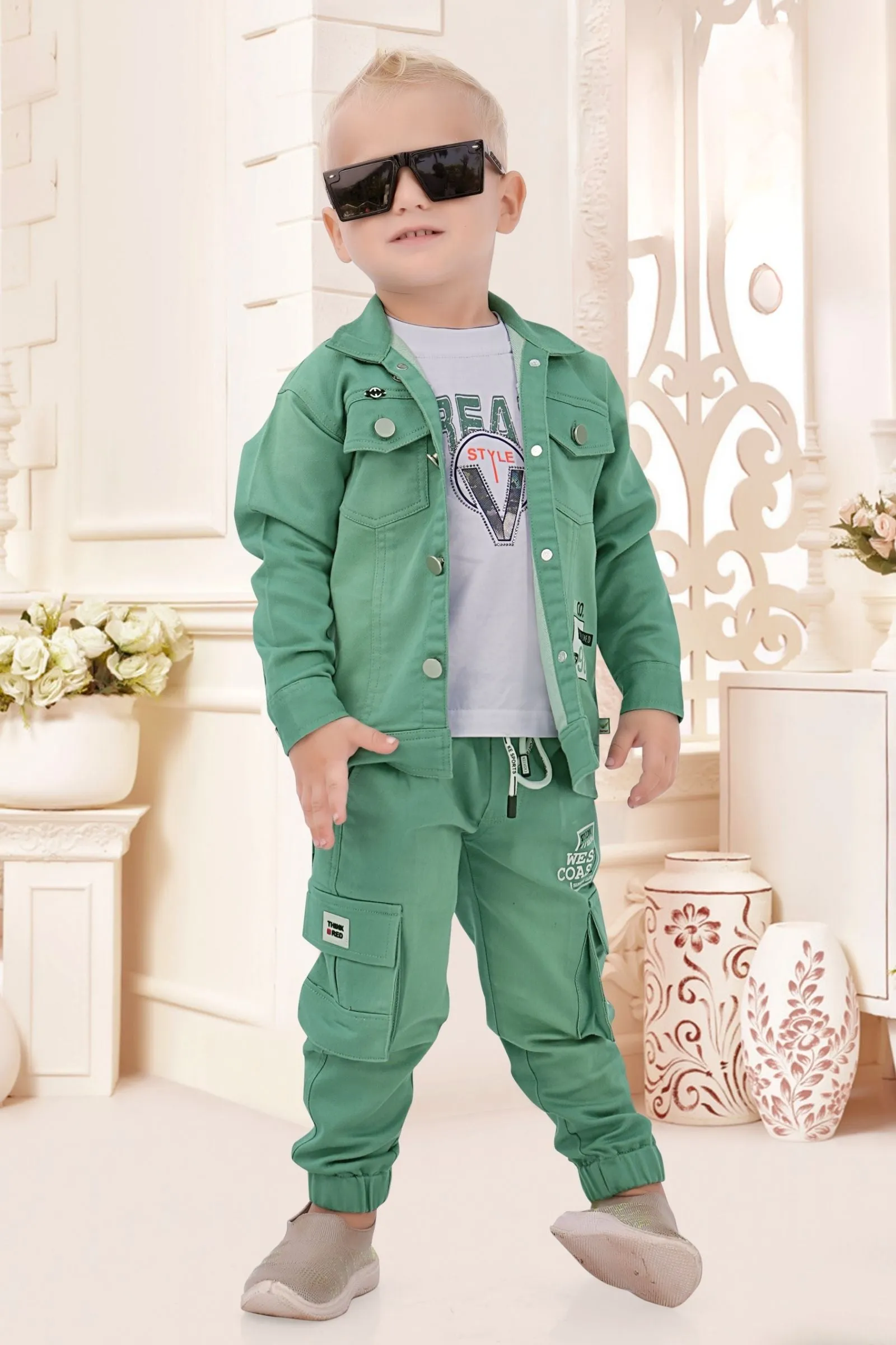 Green with White Printed Waist Coat and Joggers Set for Boys