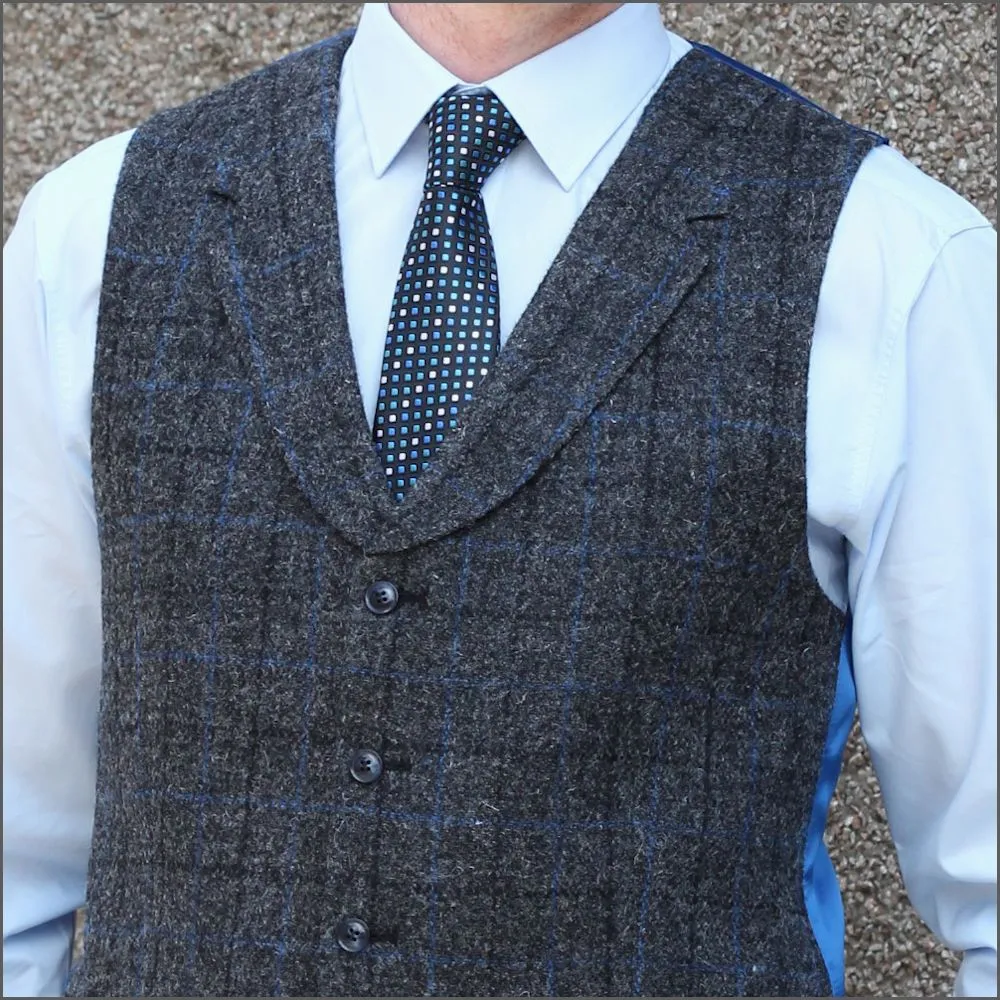 Harris Tweed Grey Marl with Blue Over Check Waistcoat--