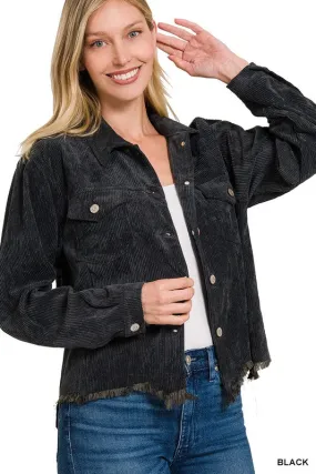 HOLLY DISTRESSED CORDUROY FRAYED HEM CROPPED JACKET S-XL