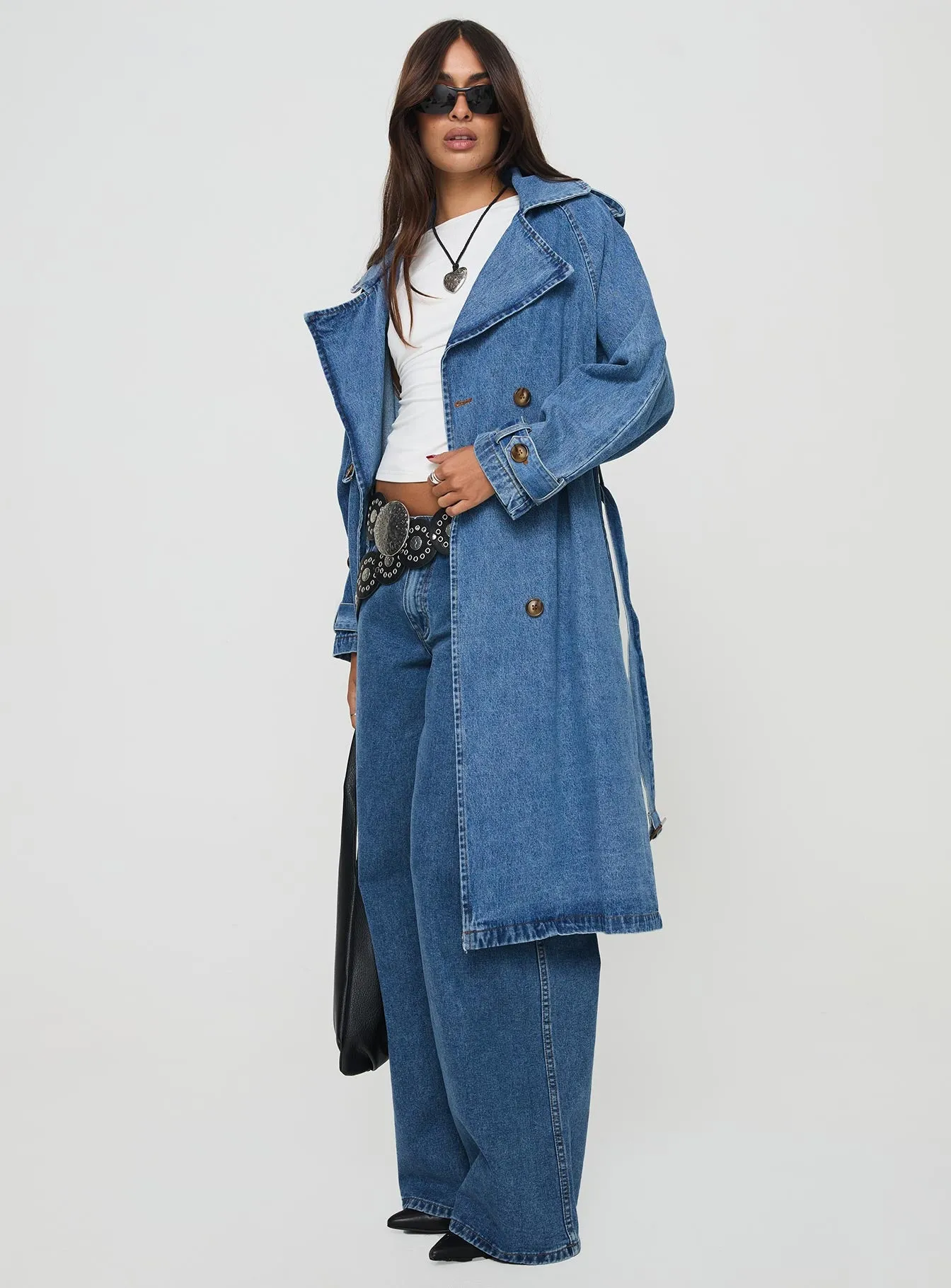 Honeyed Denim Trench Coat Mid Wash