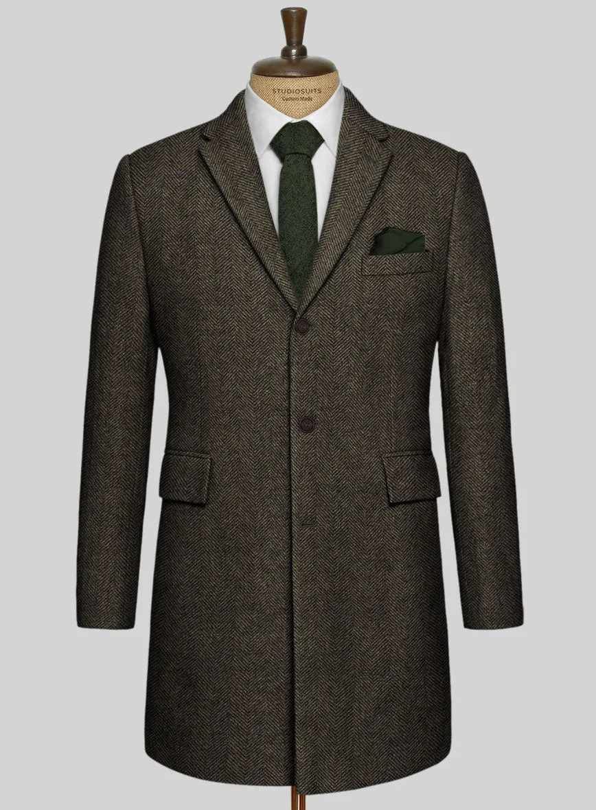 Italian Highlander Army Green Herringbone Tweed Overcoat