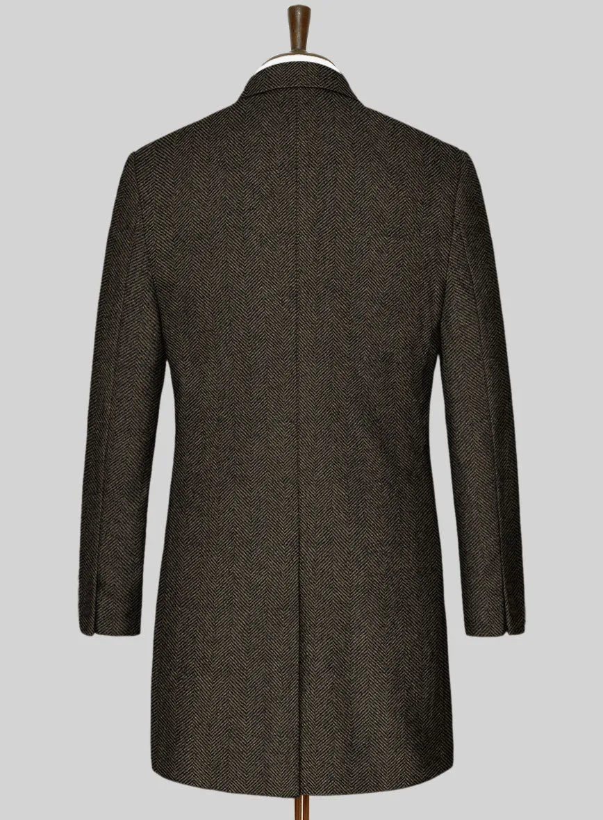 Italian Highlander Army Green Herringbone Tweed Overcoat