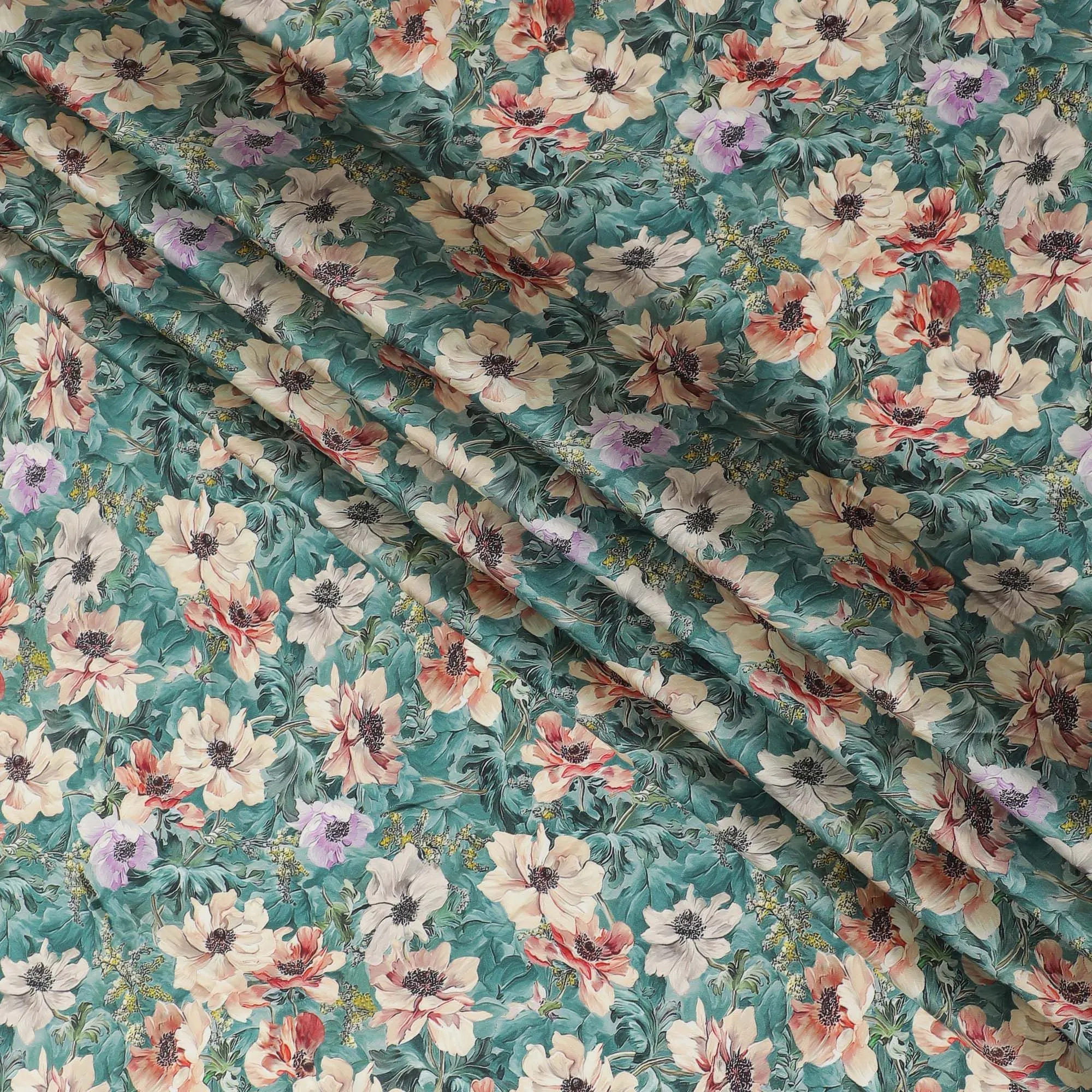 Jade green synthetic organza fabric with multicolor print in floral design-D16747