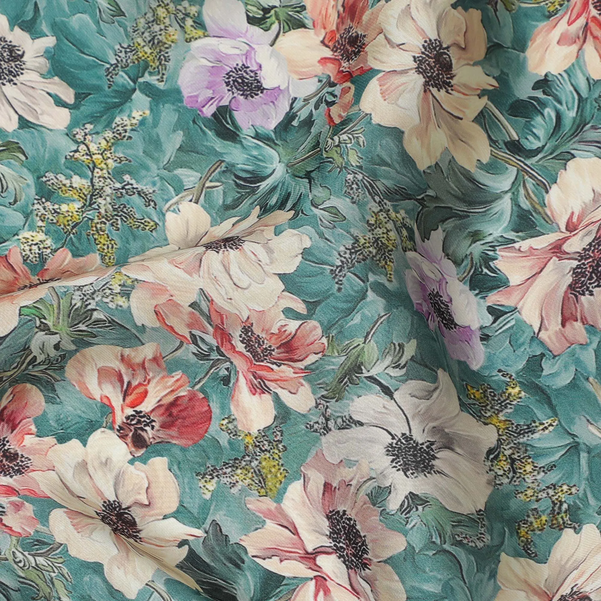 Jade green synthetic organza fabric with multicolor print in floral design-D16747