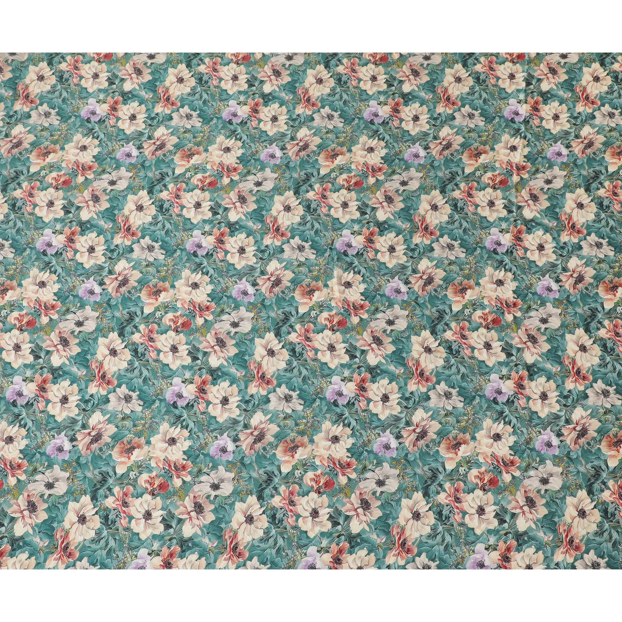 Jade green synthetic organza fabric with multicolor print in floral design-D16747