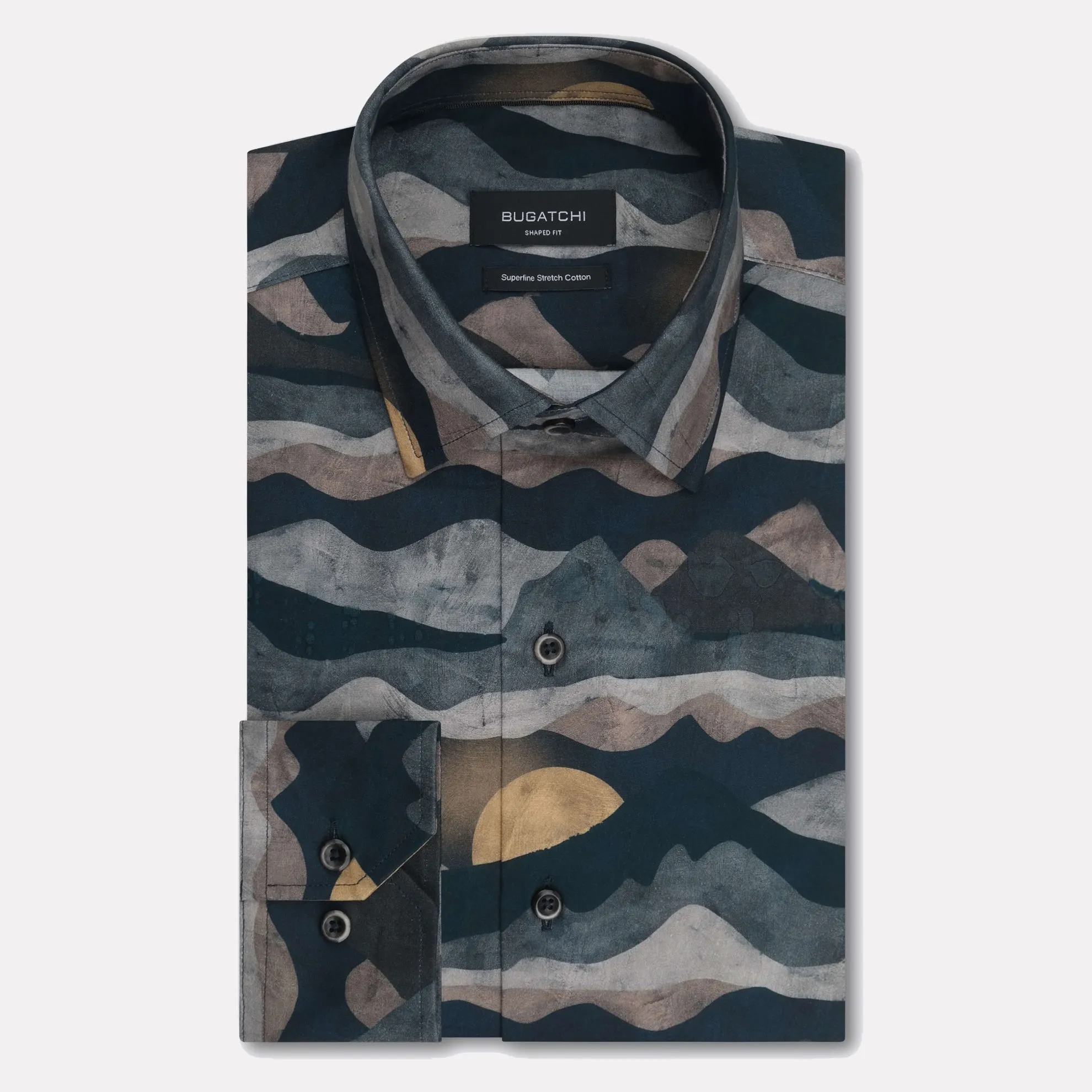 Julian Comfort Stretch Cotton Mountain Sunset Print Shirt / Graphite