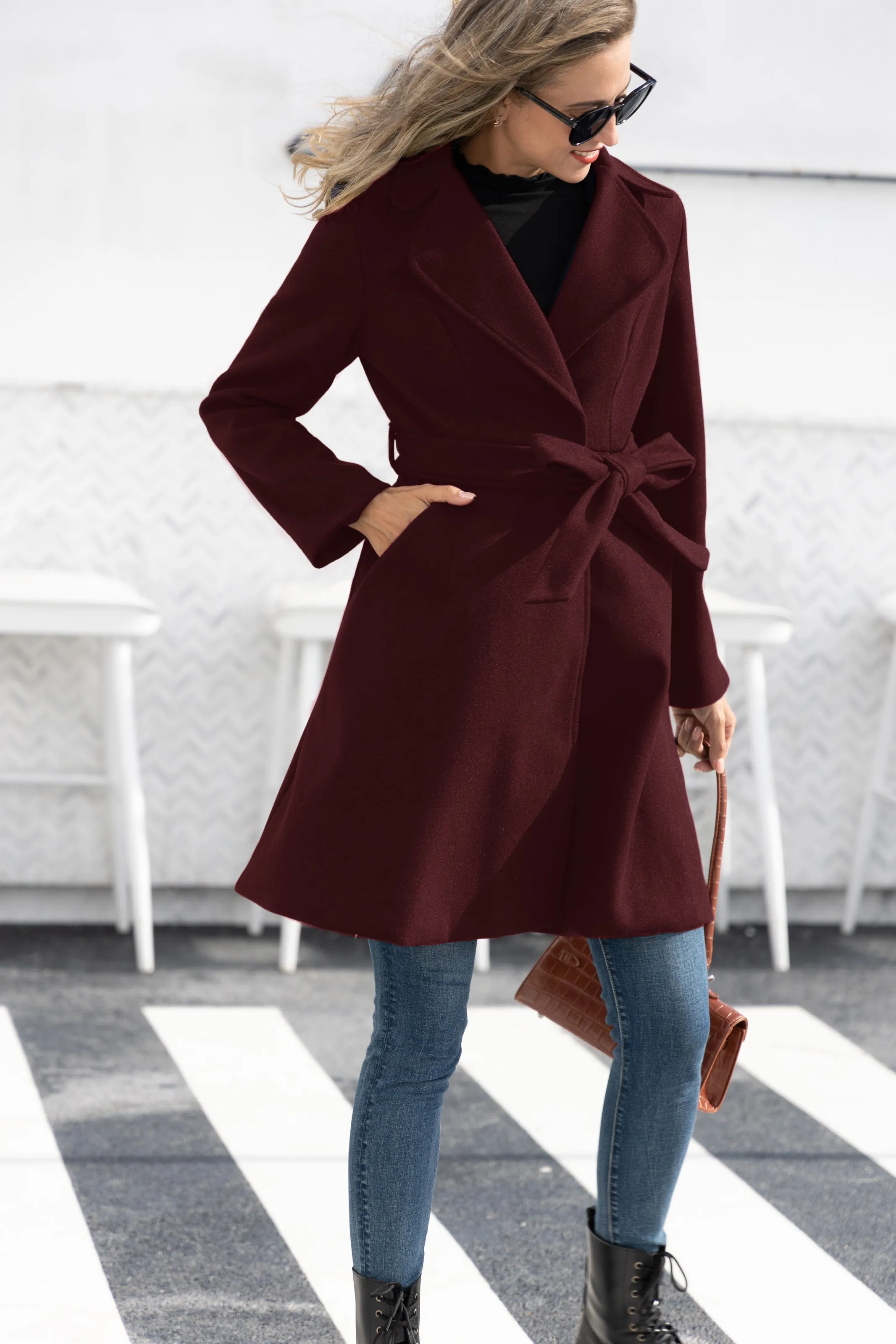 Lapel Collar Overcoat with Belt One-Button A-Line Coat