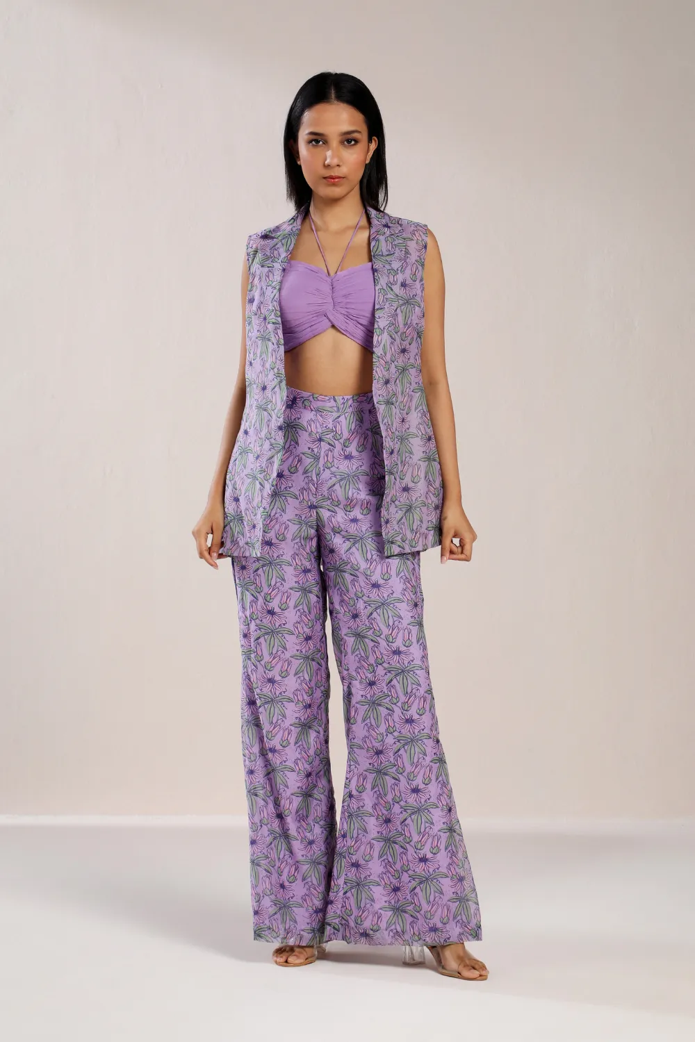 Lavender Pleated Blouse With Printed Jacket And Pants