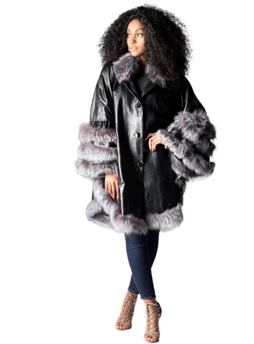 Leather Cape with Fox Fur Trim