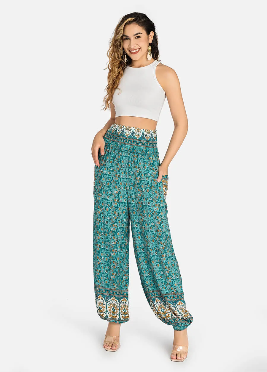 MECALA Women's Elastic Waist Vintage Print Pants