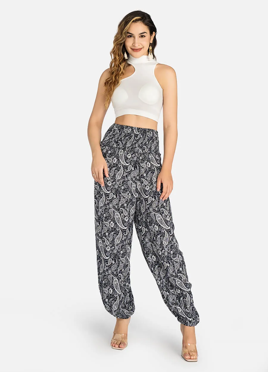 MECALA Women's Elastic Waist Vintage Print Pants