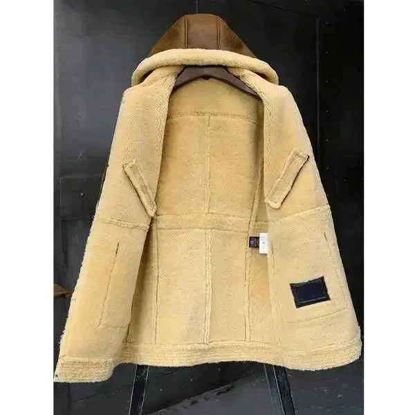 Men's Long Hooded Sheepskin Leather Winter Coat