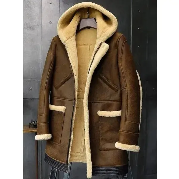 Men's Long Hooded Sheepskin Leather Winter Coat