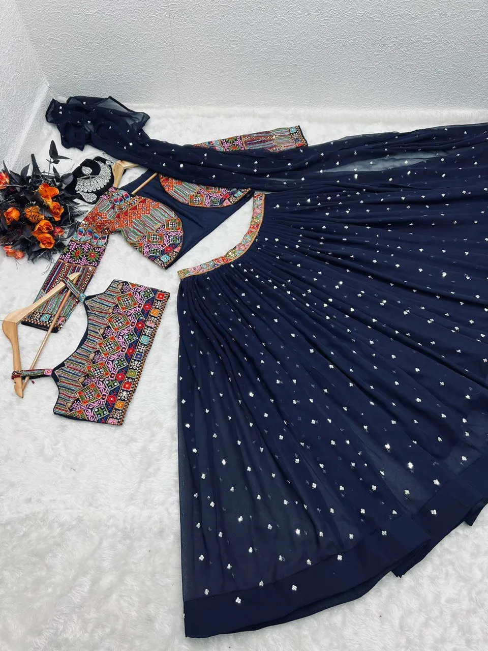 Navy Blue Color Sequence Work Lehenga Choli With Shrug