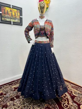 Navy Blue Color Sequence Work Lehenga Choli With Shrug