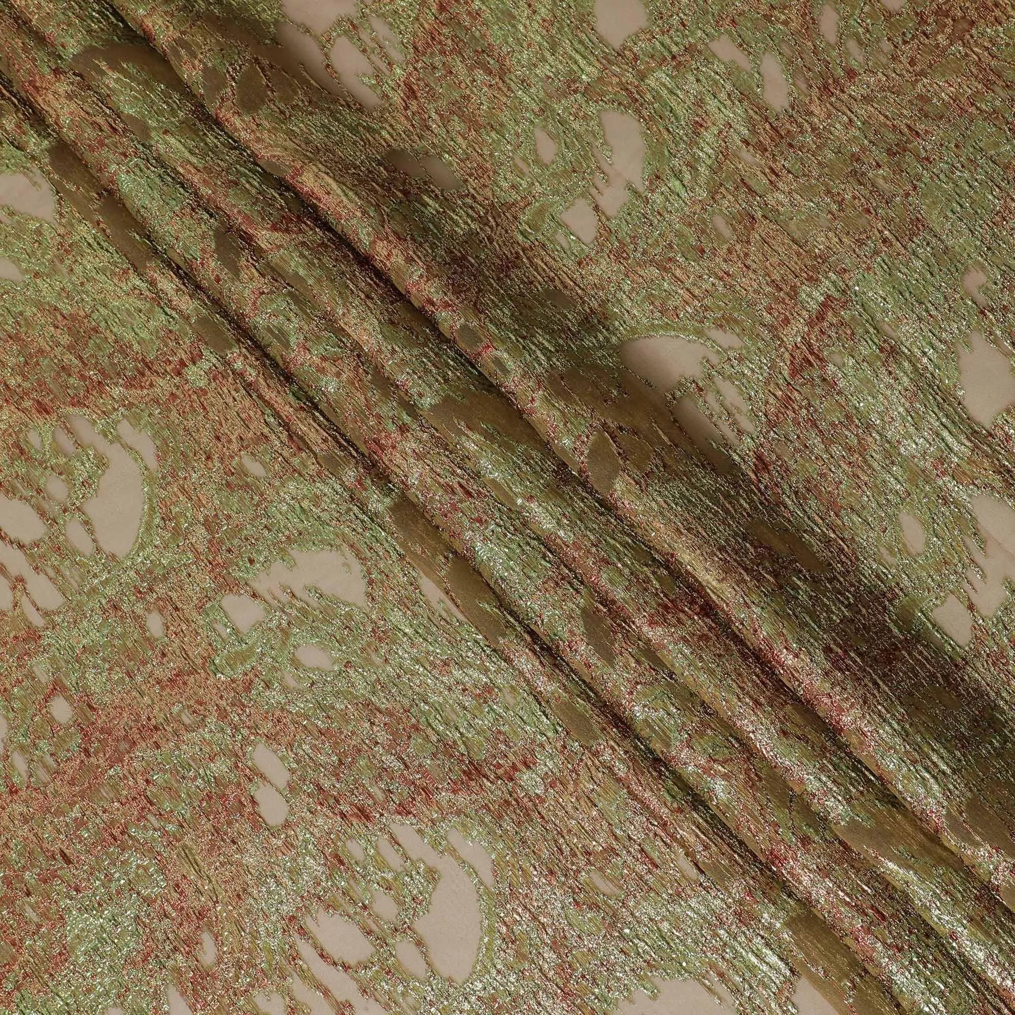 Olive green silk organza fabric with maroon and neon green metallic jacquard in fancy design-D14029