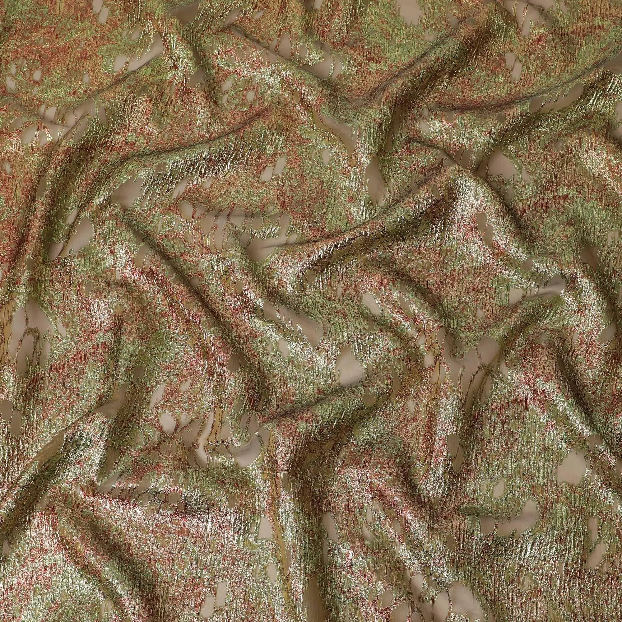 Olive green silk organza fabric with maroon and neon green metallic jacquard in fancy design-D14029