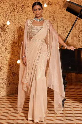 Organza & Sequins Champagne Jacket Saree Set