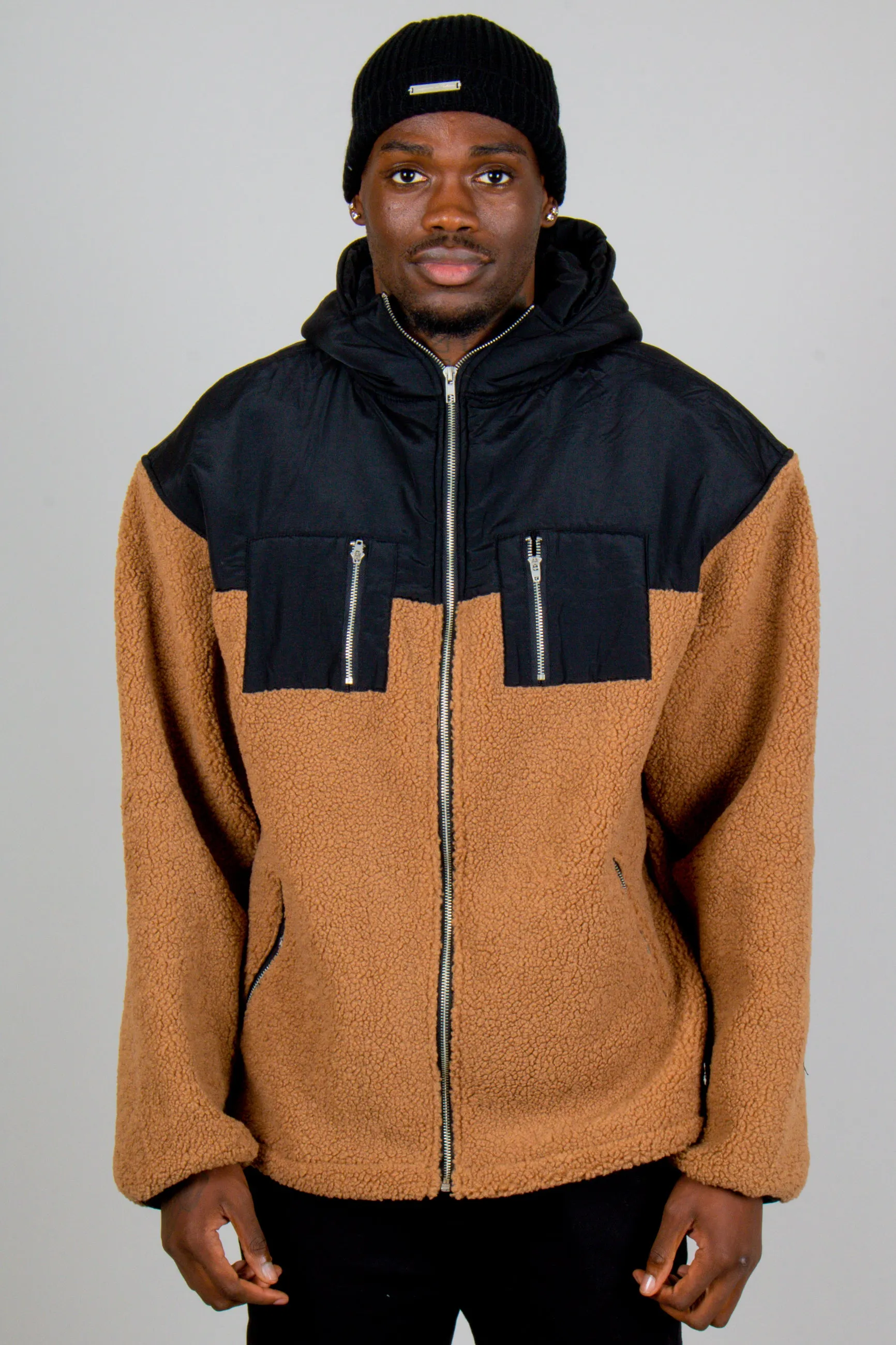 Oversized Tan Hooded Borg Jacket with Nylon Panels