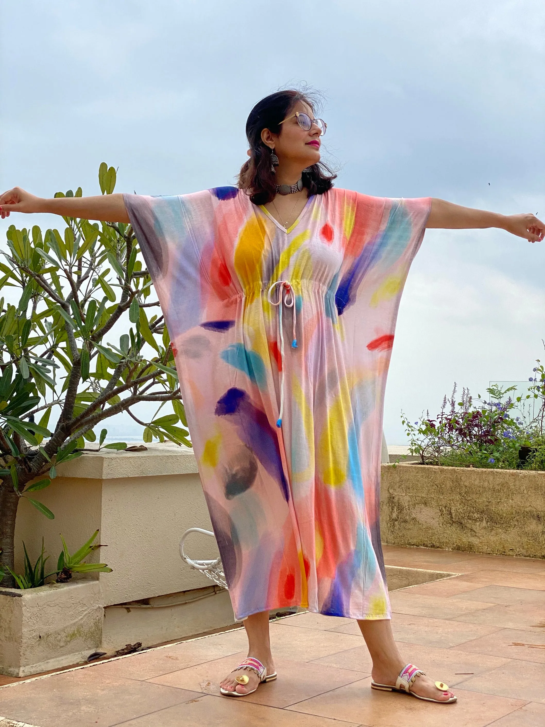 Painter's Palette "Timeless" Style Caftan | Soft Jersey Knit Organic Cotton | Perfect Loungewear House Dress