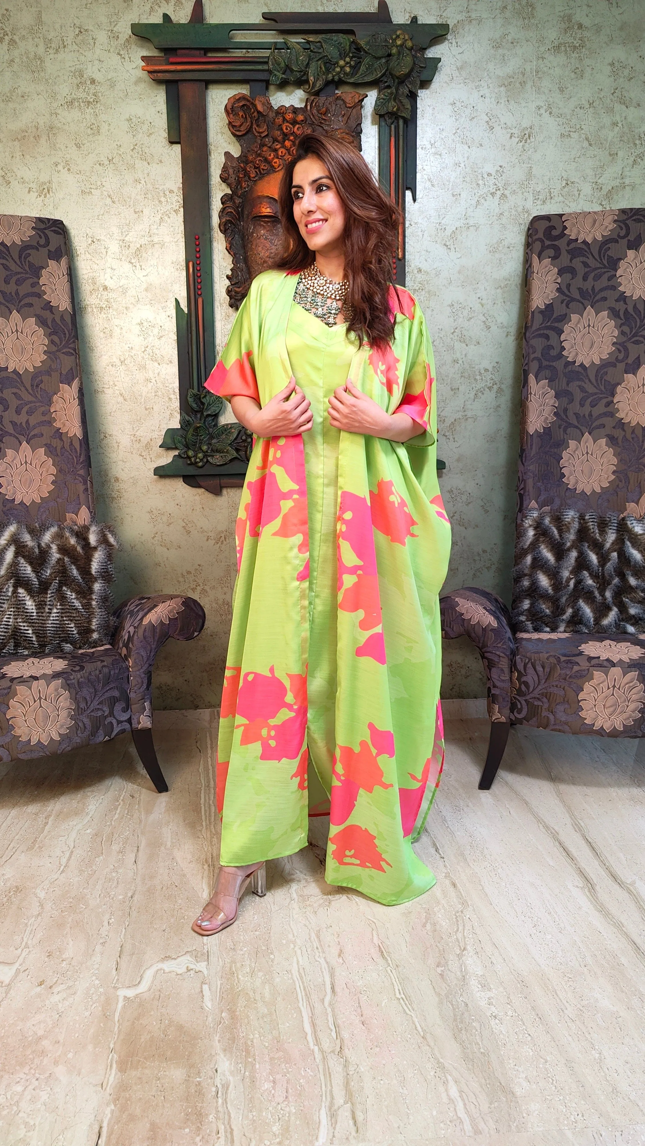 Parrot Green Dress with Cape