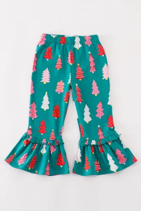 Platinum Green christmas tree print ruffle pants