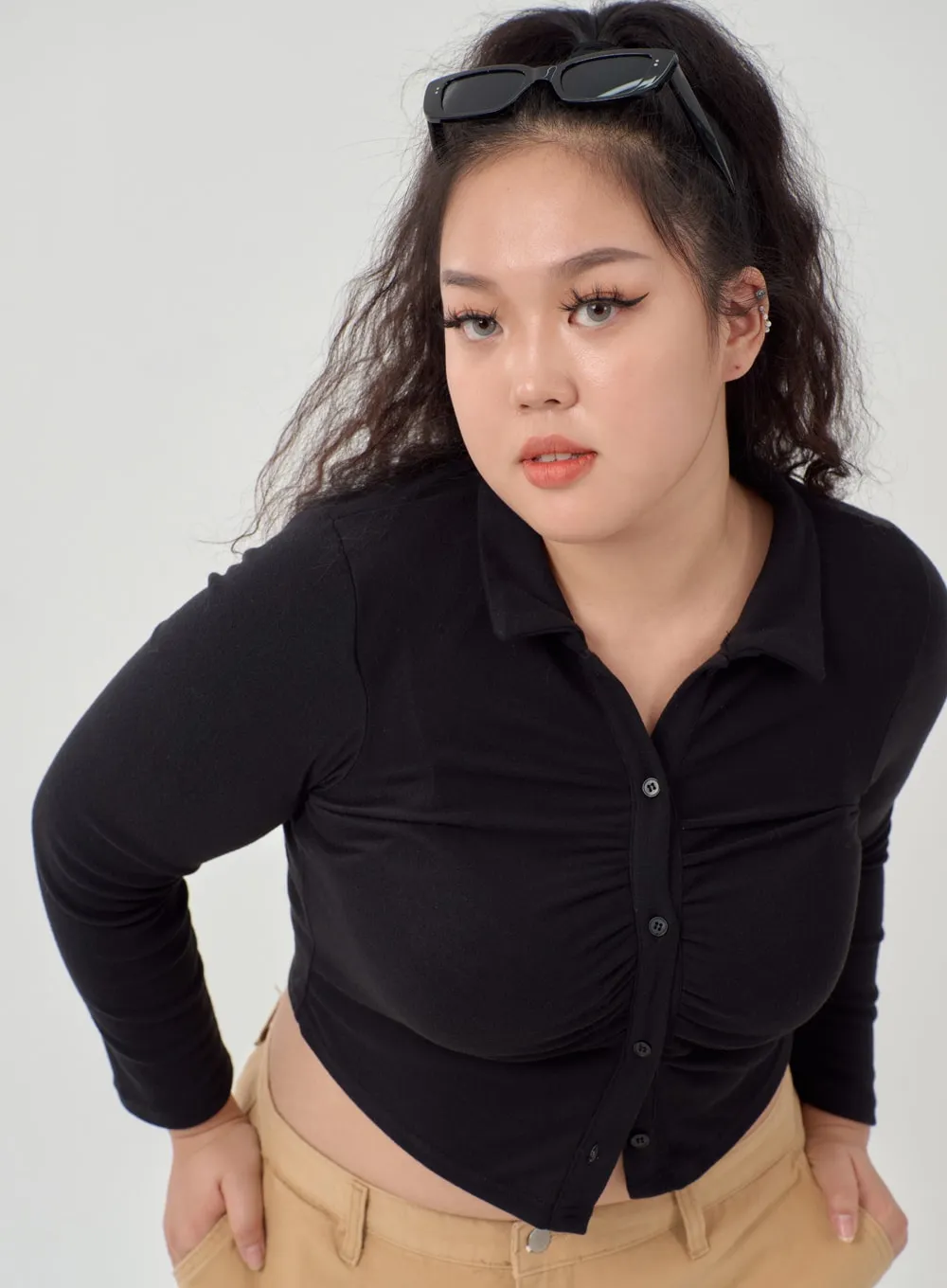 Plus Ruffle Bust Button Cropped Top ID20