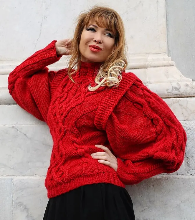 Red Alpaca Wool Sweater with cables and arans