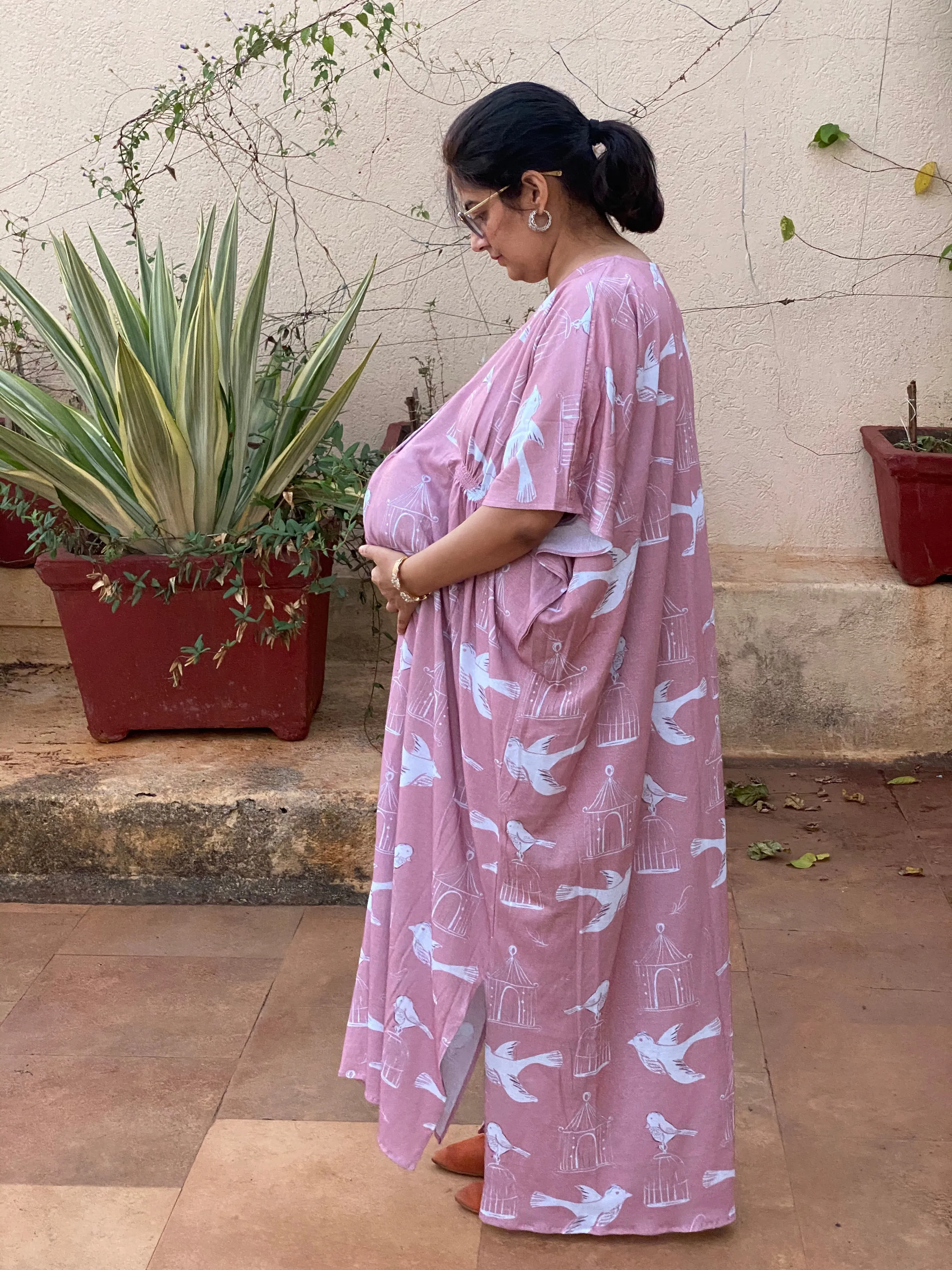 Rose gold Free Thinker Maternity "Stunningly Simple" Style Caftan | Soft Jersey Knit Organic Cotton | Maternity House Dress