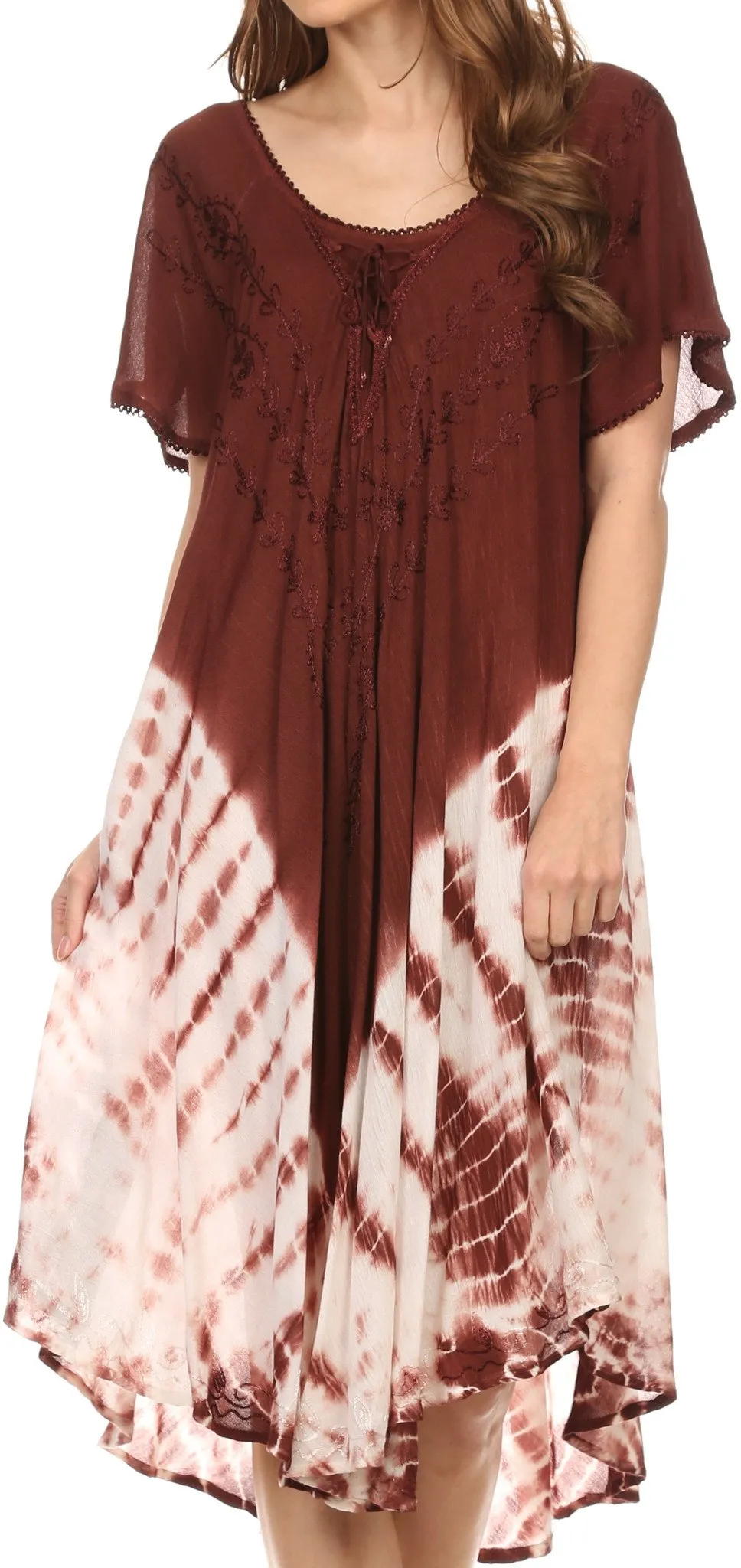 Sakkas Ballari Mid Length Cap Sleeve Embroidered Batik Caftan Dress / Cover Up