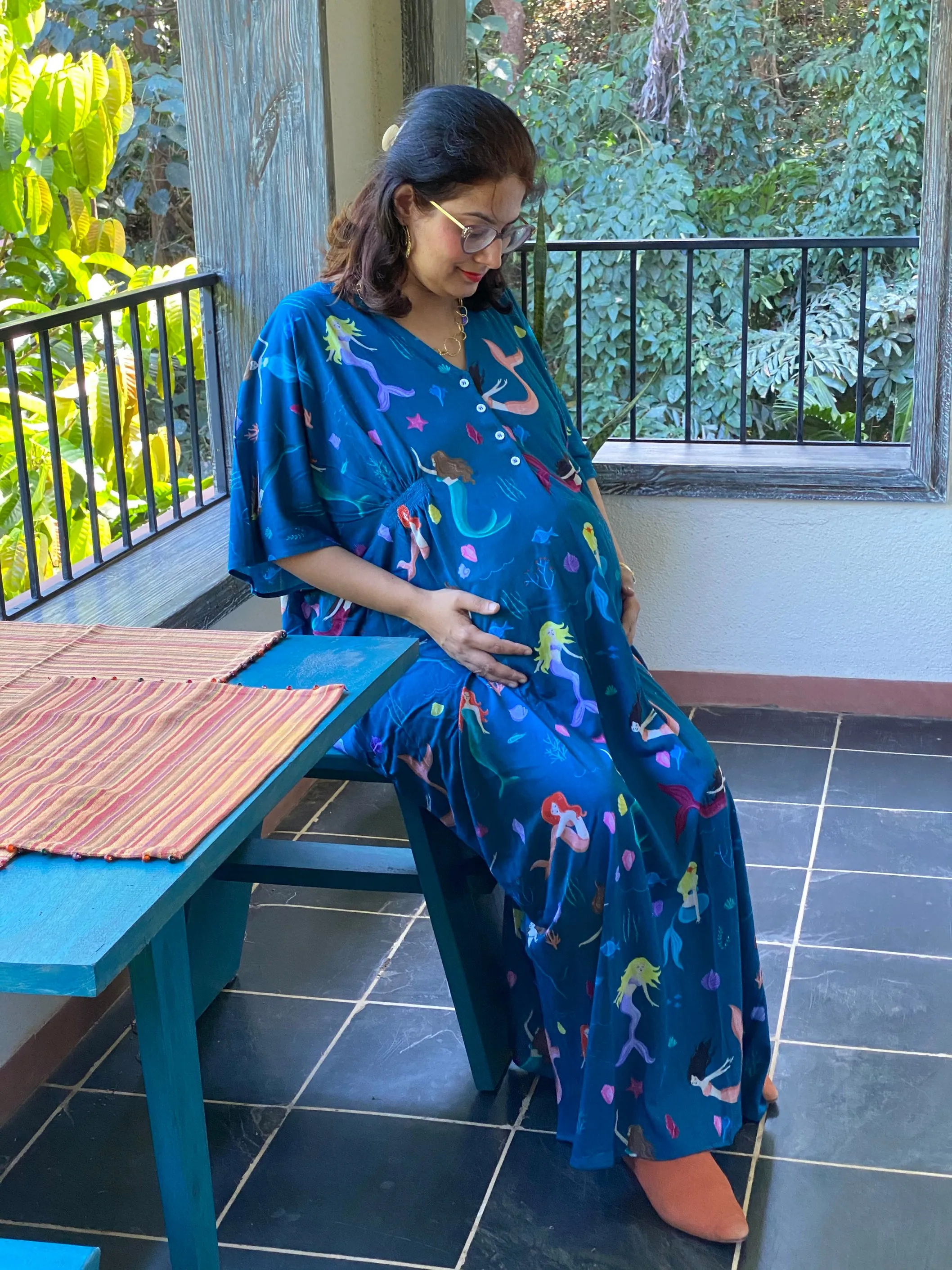 Singing Mermaids Maternity "Stunningly Simple" Style Caftan | Soft Jersey Knit Organic Cotton | Maternity House Dress