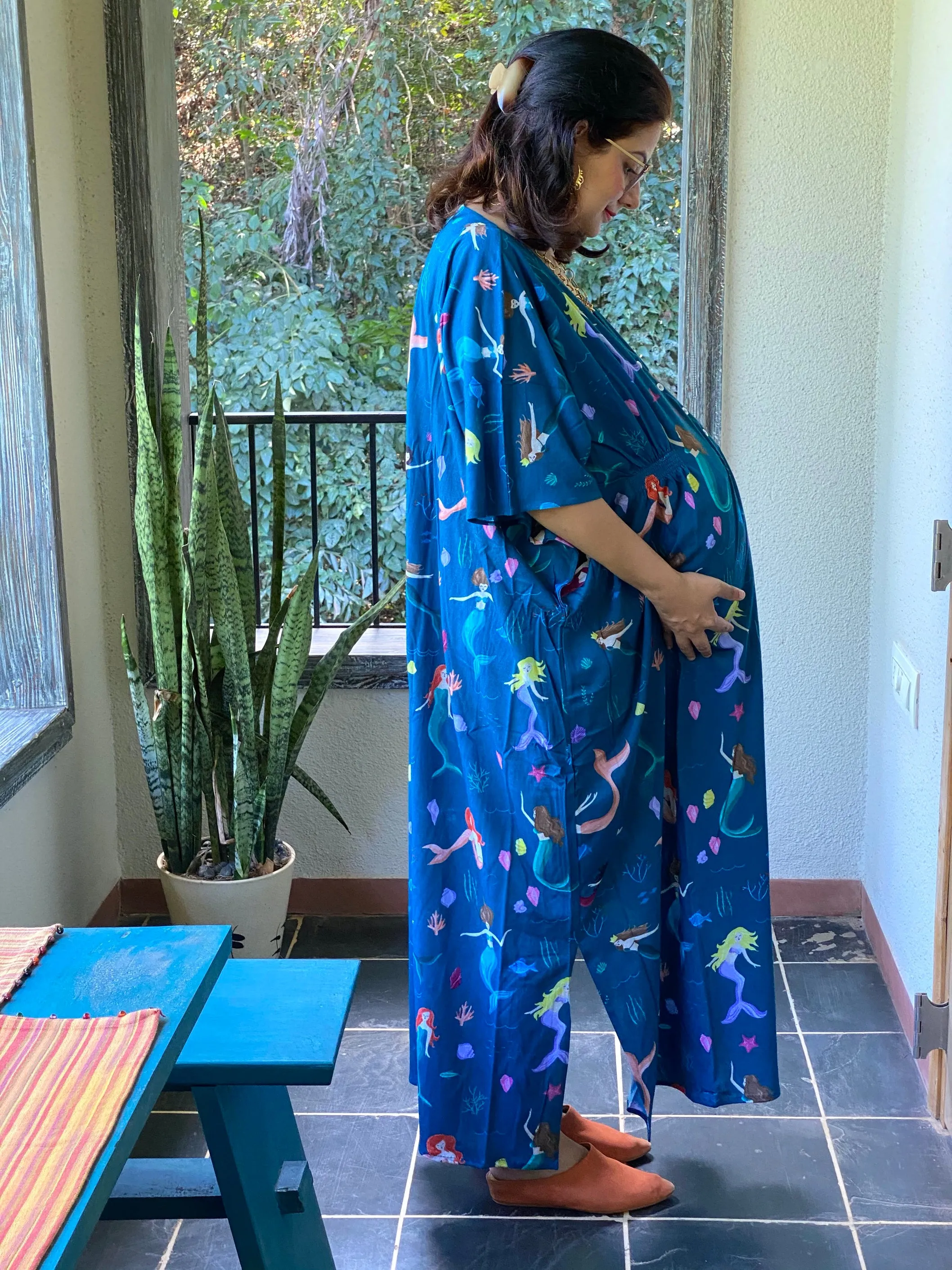 Singing Mermaids Maternity "Stunningly Simple" Style Caftan | Soft Jersey Knit Organic Cotton | Maternity House Dress