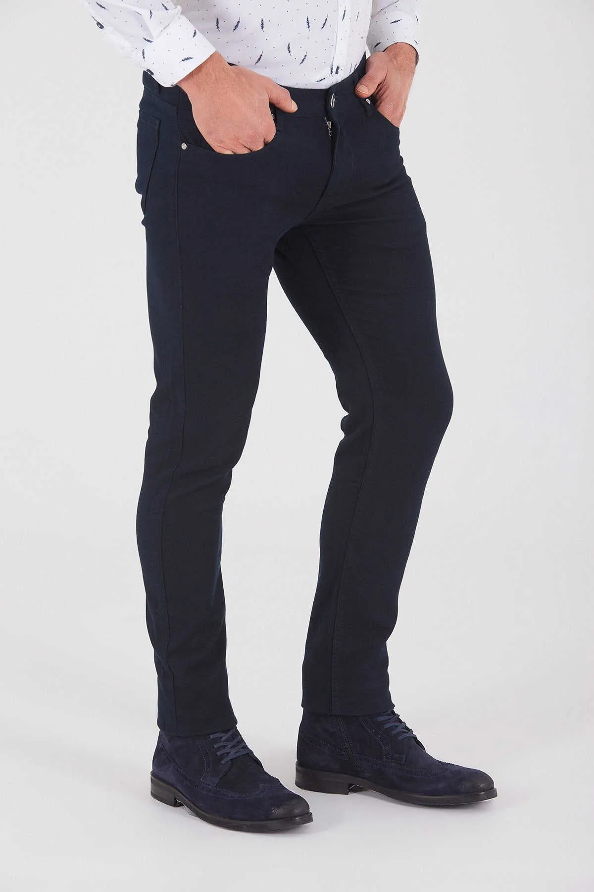 Slim Fit Navy 5 Pocket Cotton Low Waist Casual Pants